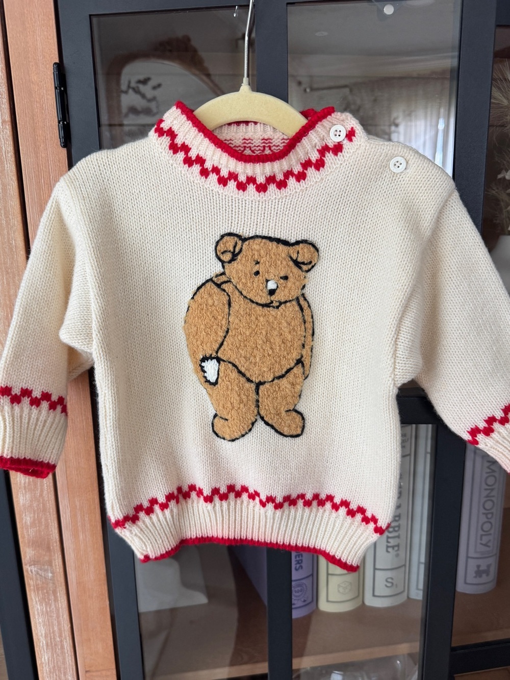 Vintage 1970s Teddy Bear sweater knit crochet patch toddler mock neck wool